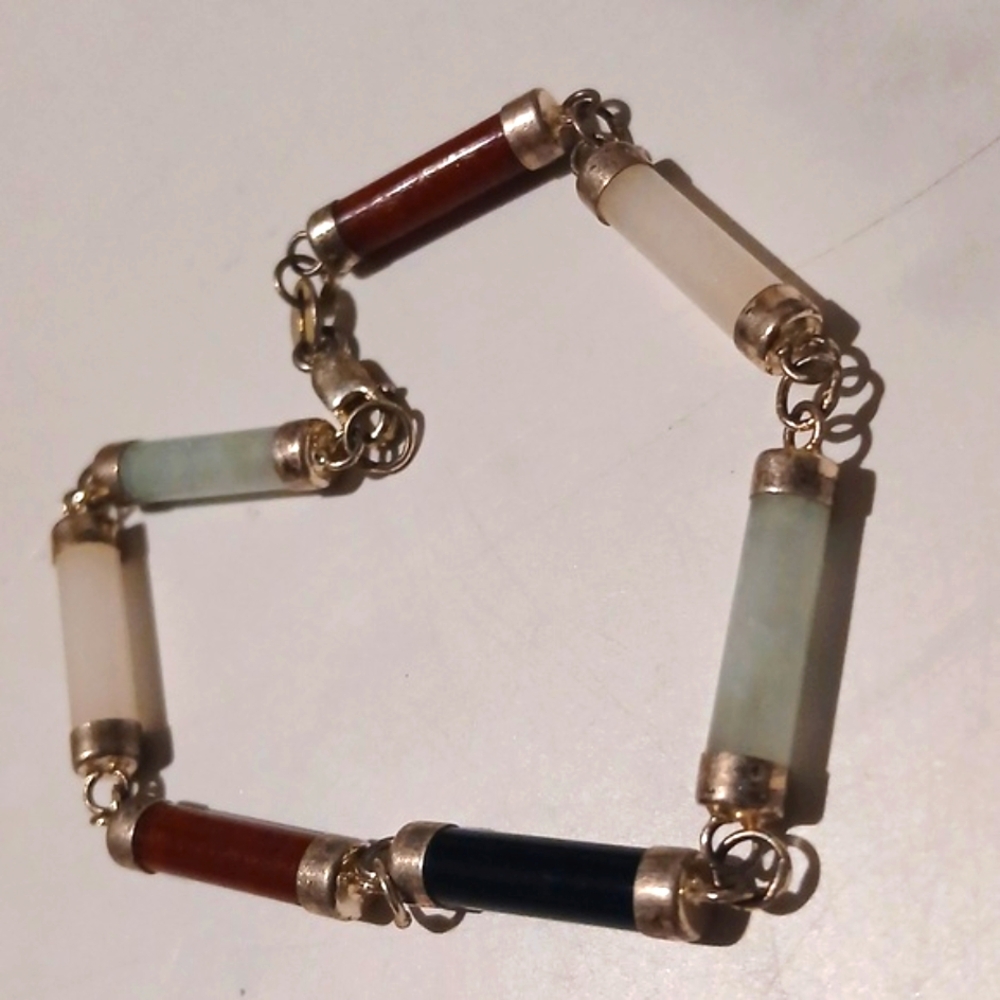 Sterling Silver Cylinder Bead Gemstone Bracelet 7" Vintage